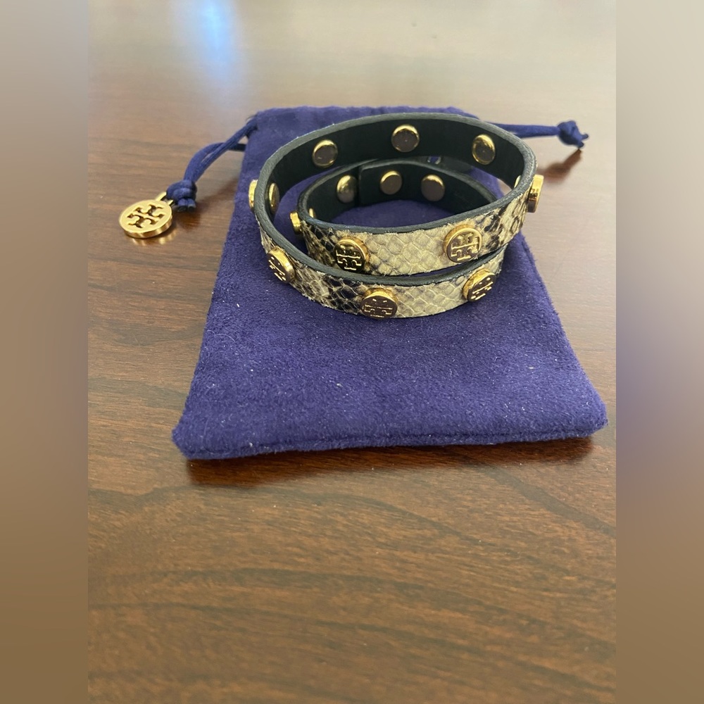 Tory Burch Snake Double Wrap Logo Gold Tone Bracelet